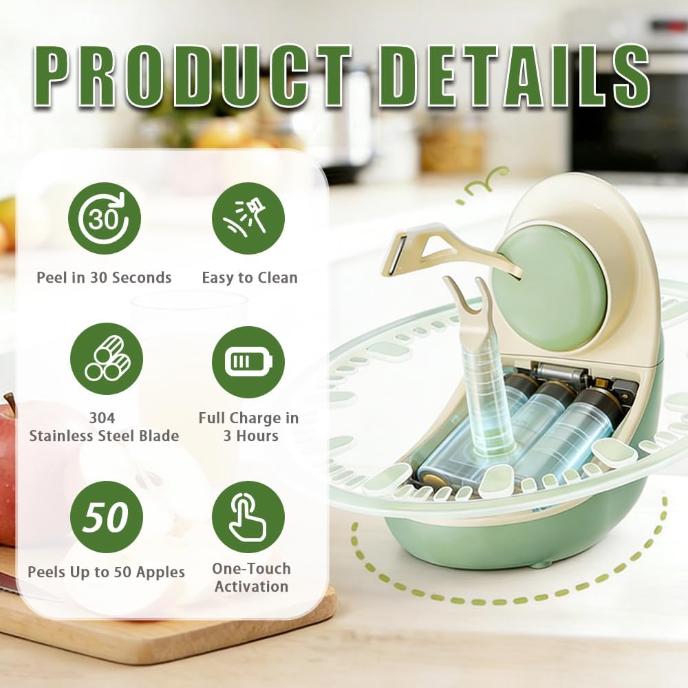 Cordless Electric Apple Fruit Peeler - Portable Rechargeable Battery Powered Tabletop Peeler, 30 Seconds Fast Peeling, Detachable Blade & Easy to Clean